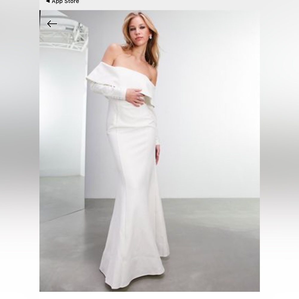 ASOS everly off shoulder long sleeve crepe wedding dress. Size 12